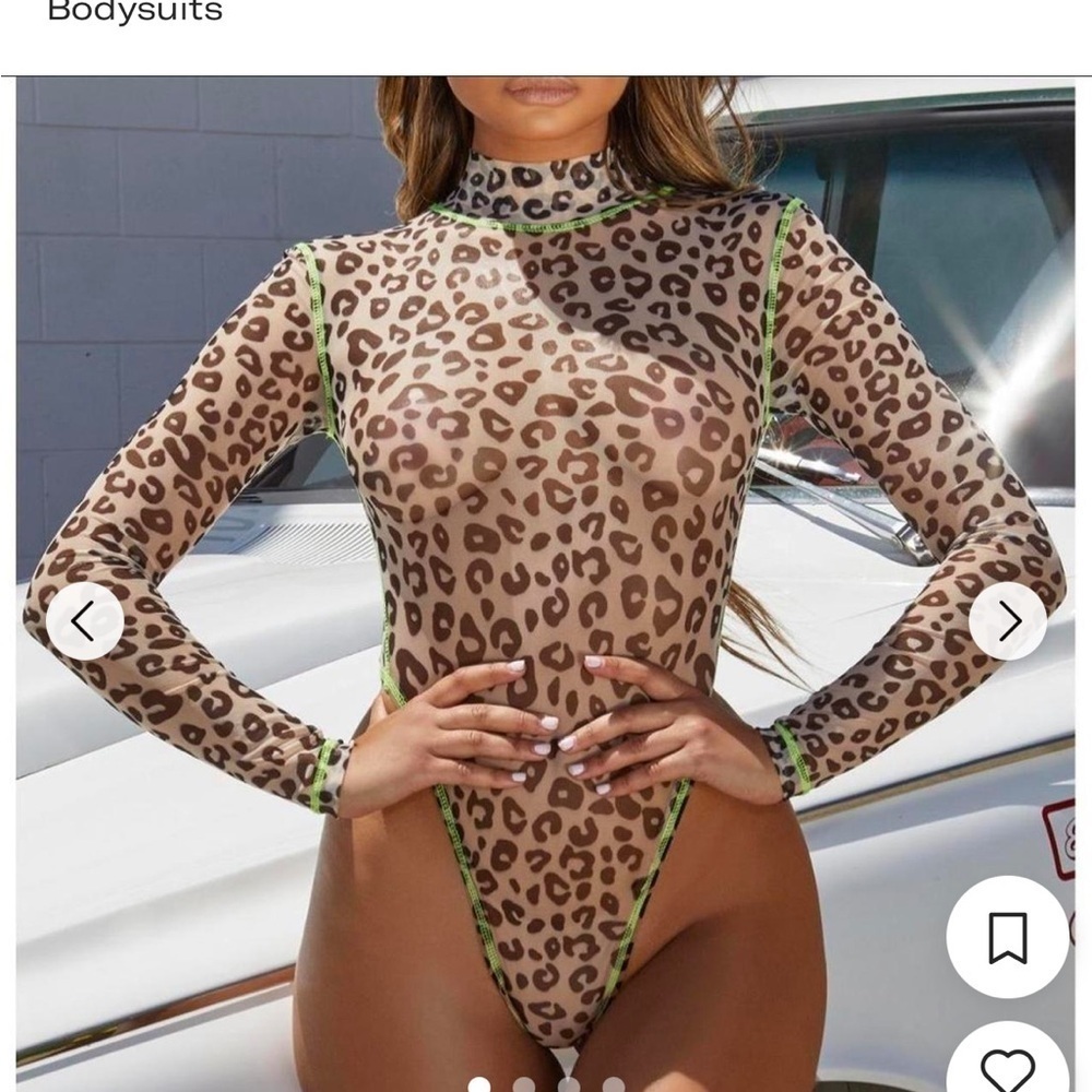Leopard Animal Print Mock Neck Long Sleeve Bodysuit Size Medium Fits Small - Picture 2 of 14